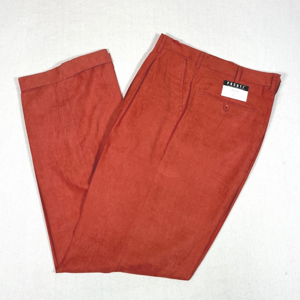 Pronti Collection Mens Rust Orange Micro Polyester Pleated Cuffed Pants 34x32